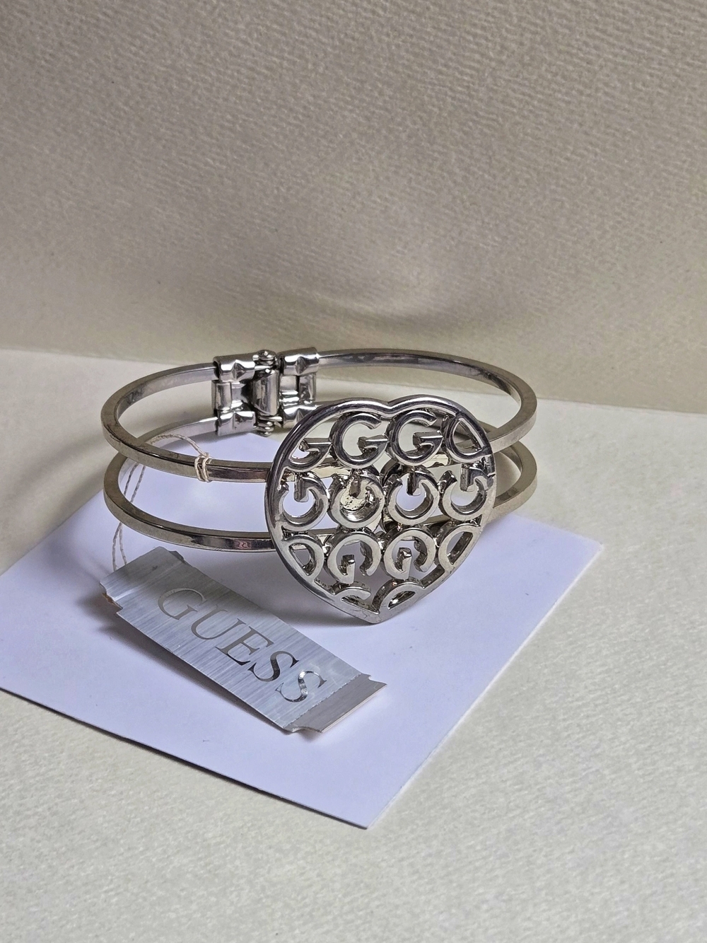 GUESS Silver Heart Logo Double-Band Bangle Bracelet